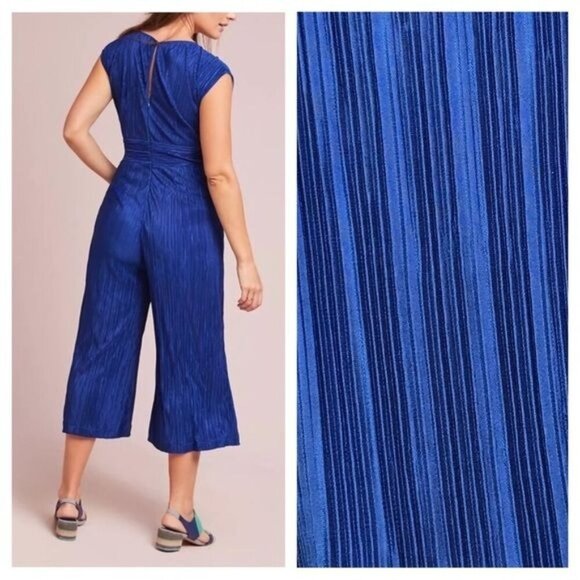 Anthropologie Maeve Sonata Pleated Jumpsuit Blue Tied Women's Size 6 Textured - Picture 2 of 16